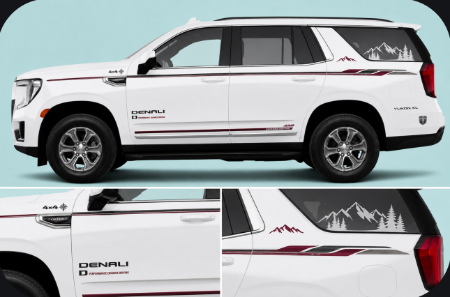 SUV with mountain-themed decals