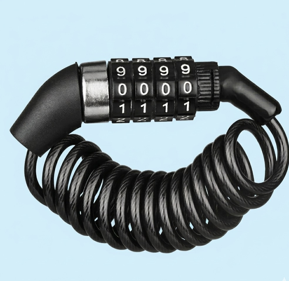 Compact coiled helmet lock with 4-digit combination