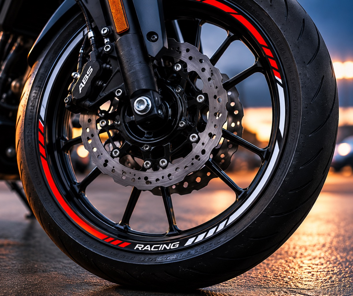 Motorcycle wheel with red racing rim tape
