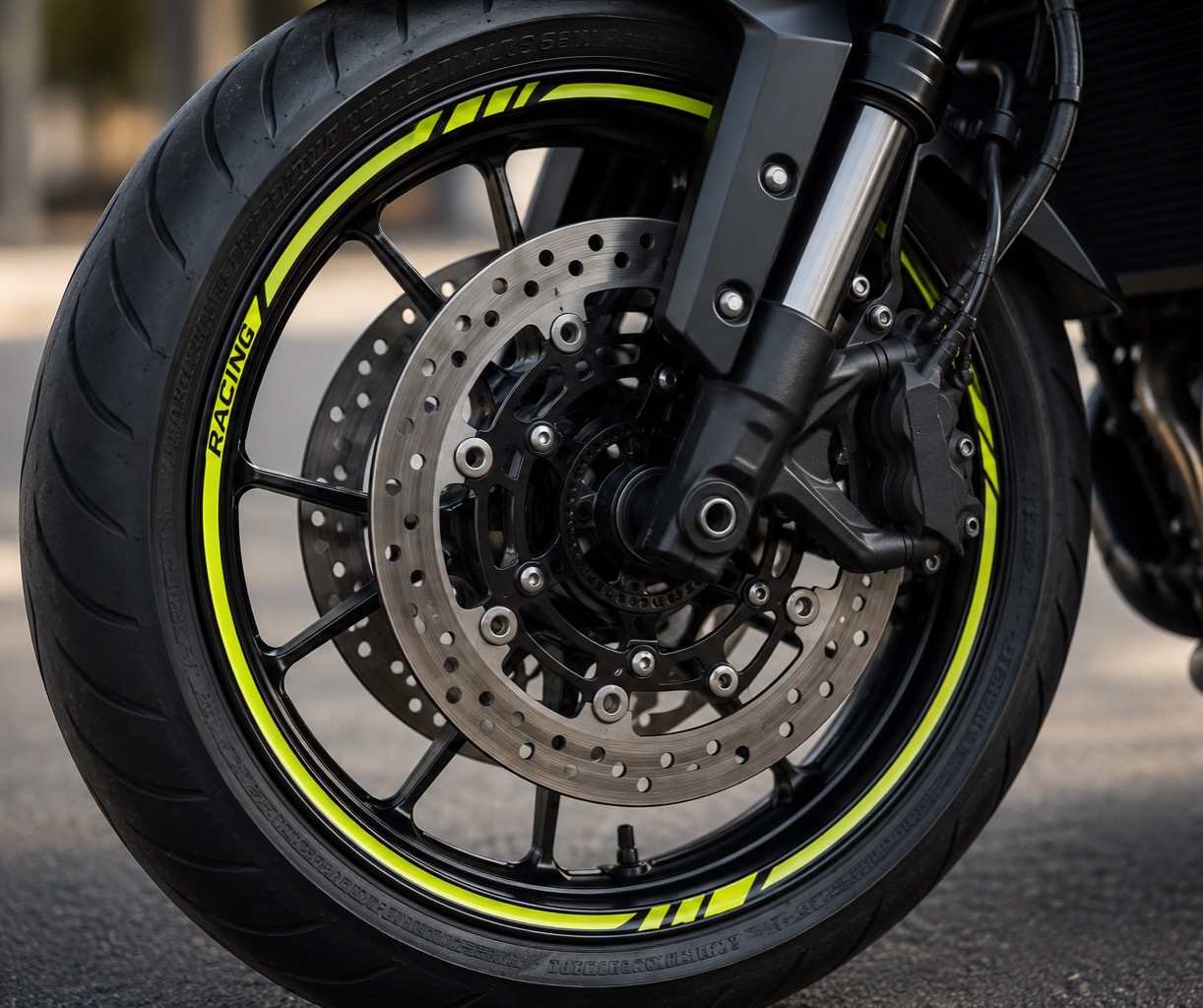 Motorcycle wheel with yellow-green rim tape applied